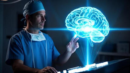 Professional surgeon using advanced holographic technology to analyze a glowing digital human brain for futuristic medical procedures - Powered by Adobe