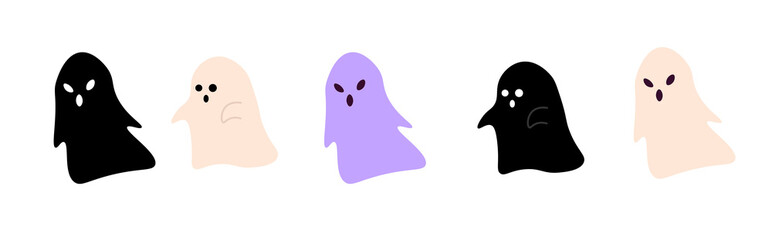 five stylized halloween  ghost illustrations on a white background. 