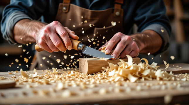 Hands of carpenter carving wood with a chisel.