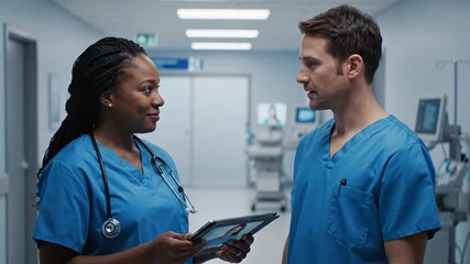 Diverse medical team discusses patient diagnosis on a digital tablet in a hospital corridor - Powered by Adobe