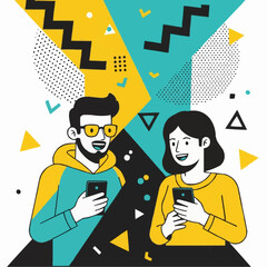 Creative concept of digital interaction and online networking, a couple connected through their mobile phones against an abstract backdrop