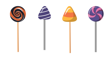 Sweet lollipops with Halloween striped pattern, twisted hard sugar candies on wooden stick. Vector cartoon set of caramel suckers with swirly patterns
