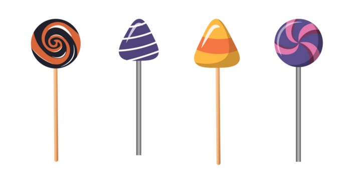 Sweet lollipops with Halloween striped pattern, twisted hard sugar candies on wooden stick. Vector cartoon set of caramel suckers with swirly patterns