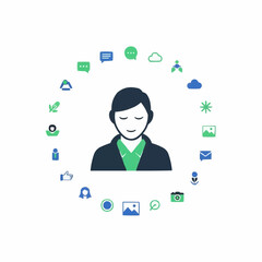 Abstract representation of a user's digital identity and communication hub, featuring a profile icon circled by various online activity symbols