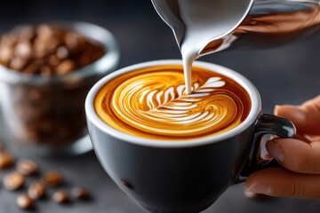 Latte Art Pouring Milk into Coffee Cup with Beans