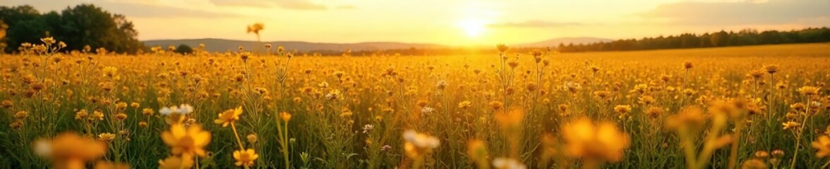 Obraz premium Golden hour sunlight bathes a vast, undulating field of wildflowers and tall grasses, creating a vibrant summer landscape Perfect for travel, nature, and seasonal themes , sunshine, ecology, sky
