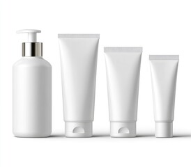 Four pristine white cosmetic containers; a pump bottle and three tubes of varying sizes, against a stark white backdrop, casting subtle shadows