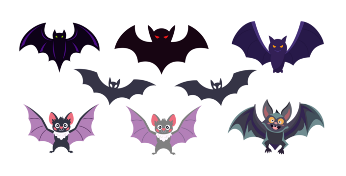 Various cartoon bats are depicted on a white background. halloween bats
