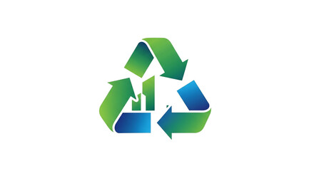A gradient recycle symbol with green and blue arrows on a black background in the center view