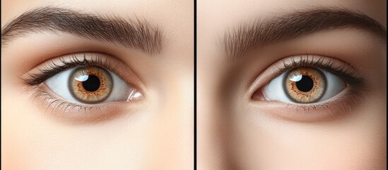 Naklejka premium Captivating Macro Shot: Intricate Hazel Eyes with Defined Brows, Long Lashes, and Clear Skin Texture