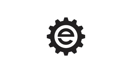 A gray gear with a letter e inside on a black background symbolizing engineering or technology concept