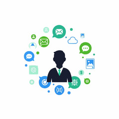 A central business professional managing a digital ecosystem of interconnected communication, finance, and technology services vector illustration