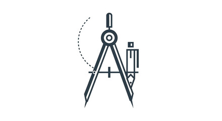 A gray drawing compass with a gear and a small rectangular object on a black background image