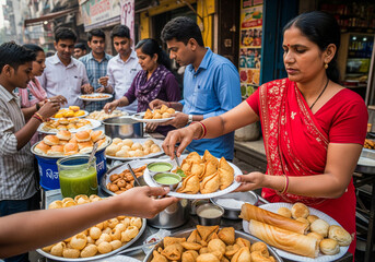 Indian street food market with vendors preparing traditional snacks and people enjoying local cuisine – vibrant scene of culture and lifestyle.