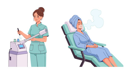 Skincare professional operating advanced facial steaming equipment for client relaxation and treatment