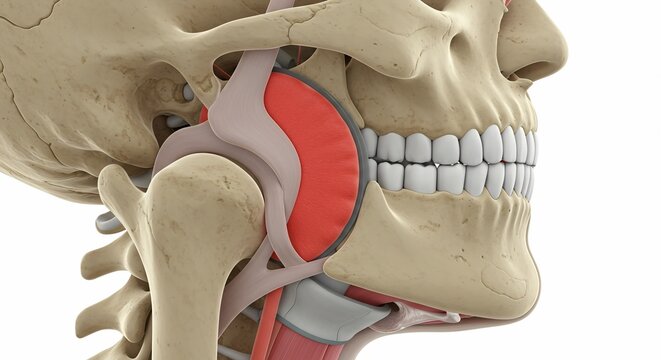 Anatomical illustration showcasing the human skull, jaw, and associated muscle structures in detail