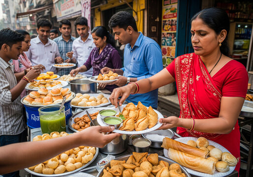 Indian street food market with vendors preparing traditional snacks and people enjoying local cuisine – vibrant scene of culture and lifestyle.