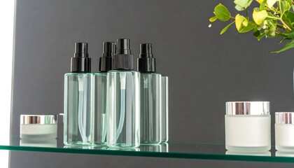 Clear spray bottles and cream jar on glass shelf