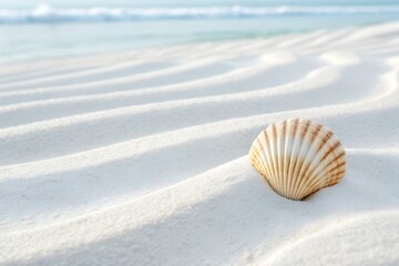 Seashell on White Sand Beach with Ocean Background