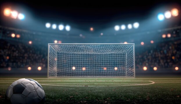 Night soccer game, a soccer ball sits before a goal in a stadium with bright lights and blurred crowds