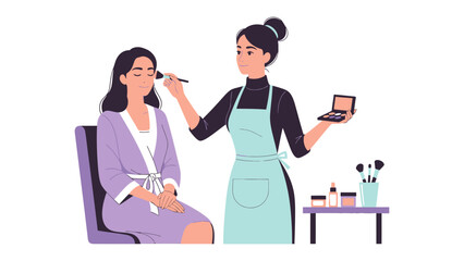 Professional makeup artist applying blush to a client s face with a brush in a beauty salon setting