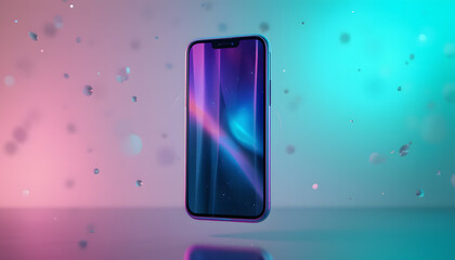Floating smartphone mockup with glowing holographic reflections and neon gradient background in a cyberpunk futuristic style. Perfect for high-tech, gaming, digital branding, and social media 