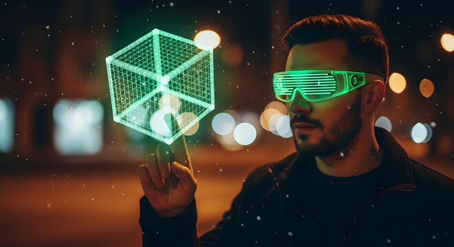 Futuristic man interacts with a holographic cube in the city at night, showcasing augmented reality technology.