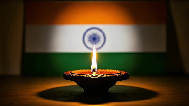 indian diya lamp burning against national flag