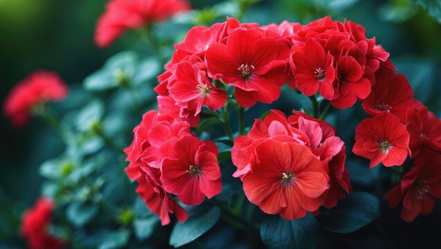 Bright red flowers, likely geraniums, in a lush green garden setting.