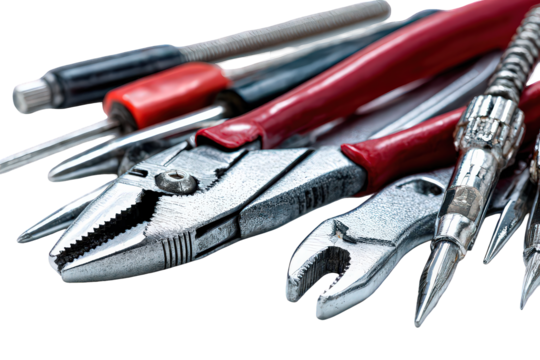 Closeup of Assorted Hand Tools on Transparent Background