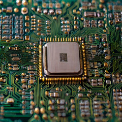Intricate circuits of a computer processor, the core of modern technology. A macro photograph that showcases the complex details of a central processing unit. 
