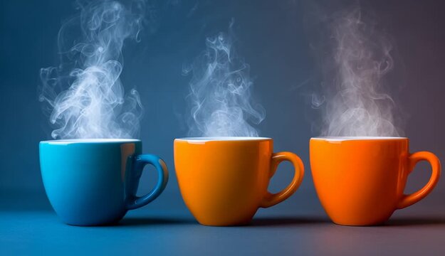 Three cups of different colors with steam coming out of them. One is white, one is blue, and one is orange
