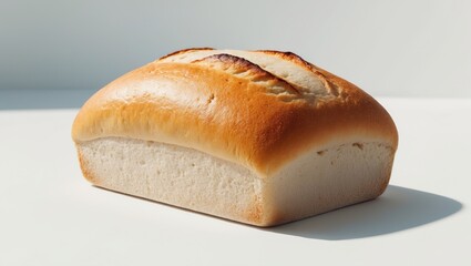 Fresh bread roll with a crusty top on a white surface. Bakery and baked goods, concept. Food and nutrition. The concept of bread and baking techniques