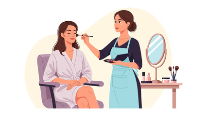 Professional makeup artist applying cosmetics to a client in a salon setting with mirror and tools