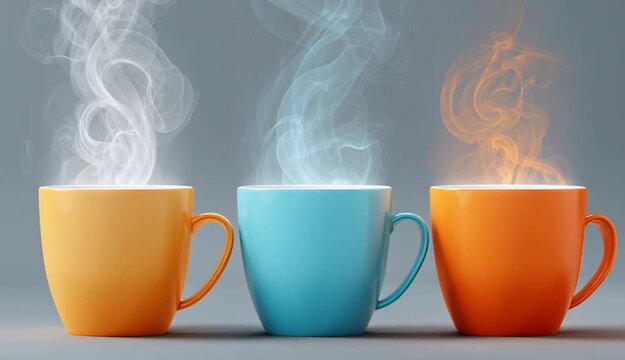 Three cups of different colors with steam coming out of them. One is white, one is blue, and one is orange
