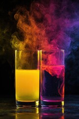 Two glasses of vibrantly colored liquids sit on a dark surface, enveloped by swirling, multicolored smoke against a black background