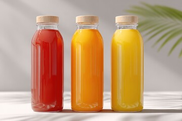 Three glass bottles with wooden caps, filled with red, orange, and yellow juices, sit on a white surface, backlit by sunlight