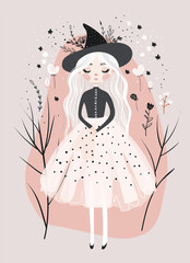 Little fairy witch, girl in long dress in autumn mystical forest. Vector illustration. Halloween and magic concept.