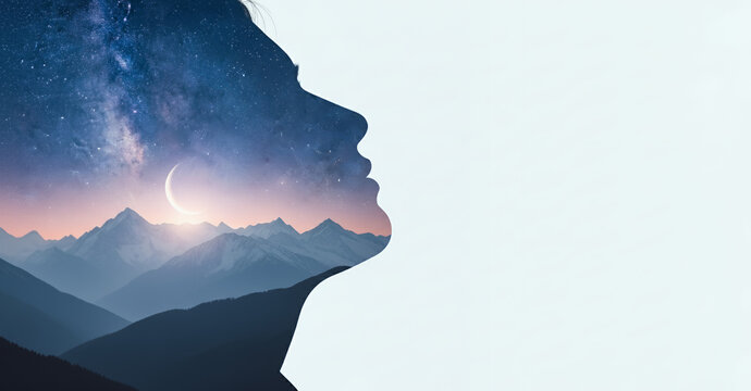 Double Exposure of Woman’s Silhouette with Night Sky and Mountain Landscape - Powered by Adobe