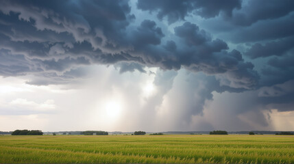 Dramatic storm clouds over a green rural landscape.