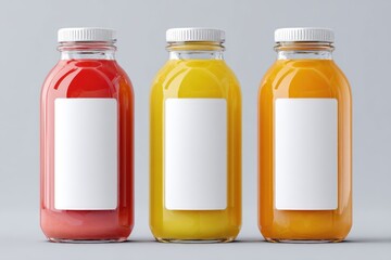 Three glass bottles of vibrant juice (red, yellow, orange) with blank white labels and white caps stand against a neutral gray background