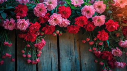 Bouquets of pink and red flowers arranged on a rustic wooden surface. Flowers and botanical decor. Floral arrangement and natural setting. The concept of floral decor and garden aesthetics.