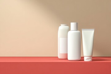 Three minimalist white cosmetic containers?bottle, pump bottle, and tube?sit on a coral shelf against a beige wall, bathed in soft sunlight