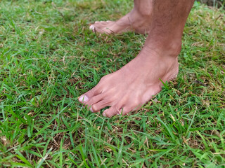 Bare feet of a person on green grass, close-up, low-angle shot. Man's feet standing on a lawn outdoors. A pair of feet on fresh green grass