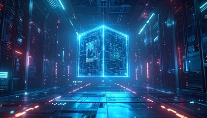 Futuristic Data Center Server Room with Glowing Cube, Quantum Computing Conceptualization in a High-Tech Digital Environment