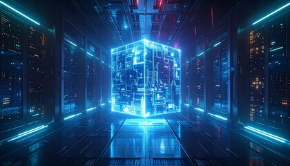 Futuristic Data Center with Glowing Cube in a Dark Hallway, Modern Tech Interior with Complex Server Racks and a Centralized Blue Data Core