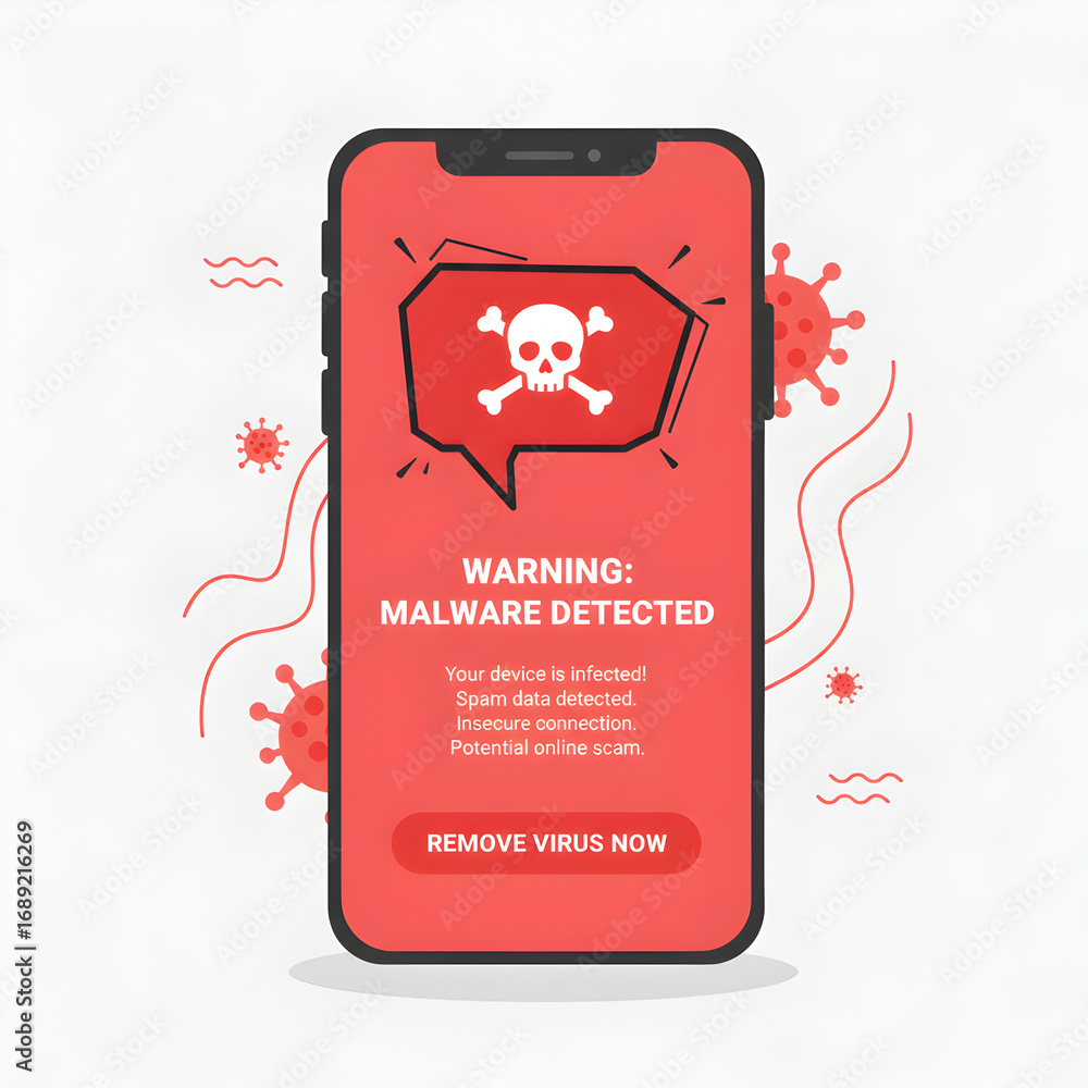 Poster malware notification on smartphone mobile phone with skull bones bubble speech red alert concept of spam data fraud internet error message insecure connection virus online scam flat vector