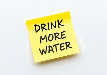 A simple handwritten reminder on a yellow sticky note to drink more water for better health and hydration