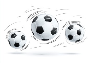 Three soccer balls in dynamic motion, depicted with swirling lines suggesting speed and energy against a white background