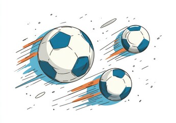 Three soccer balls of varying sizes, sketched in motion with speed lines, against a white background speckled with small dots and dashes